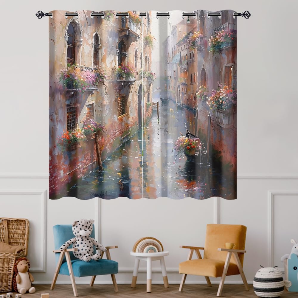 XSUPFLYM Rustic Oil Painting Landscape Privacy Perforated Curtains Modern Painting Art Mid Century Floral Architecture Curtains Top Grommets Window Treatment 2 Panels Each 21" W x 45" L