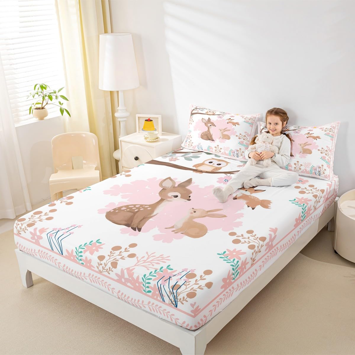 jejeloiu Cute Sika Deer Bedding Sheets Queen Size Pink Flower Bed Sheet Set for Kids Boys Girls Fairytale Theme Fitted Sheet Kawaii Owl Bed Cover 3Pcs,1 Fitted Sheet+2 Pillow Sham(No Flat Sheet)