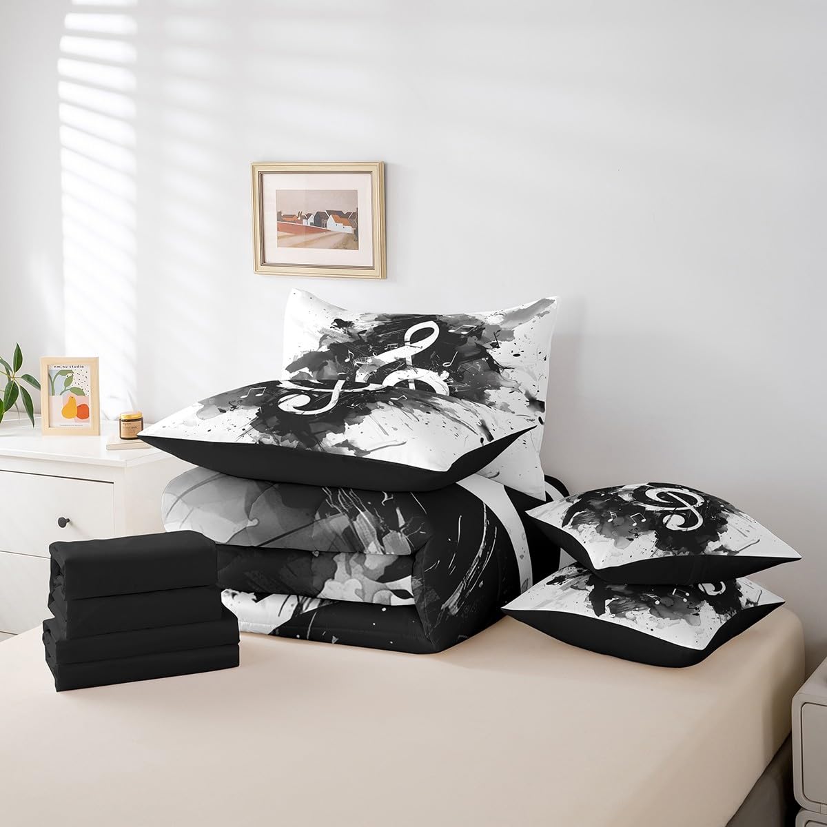 Feelyou Music Comforter Set with Sheets Queen Size Guitar Instruments Bed in a Bag for Boys Girls Teens Black White 7 Pieces Bedding Set Soft Lightweight Microfiber