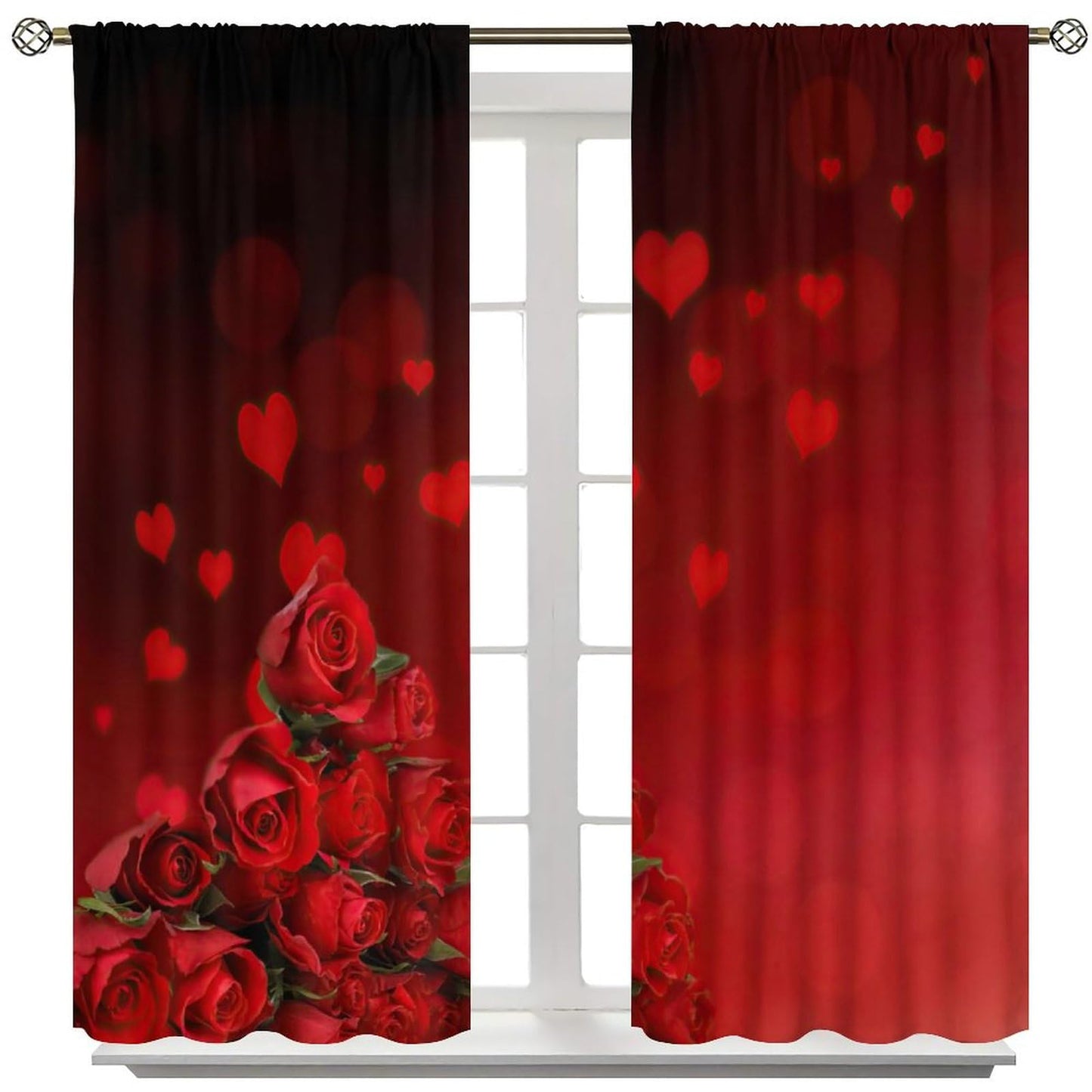 GoDazzling Red Rose Flowers Valentine’s Day Curtains, Romantic Love Pattern Curtains, for Bedroom Living Room Valentine Day Window Drapes 41" W X 45" L (No Blackout)