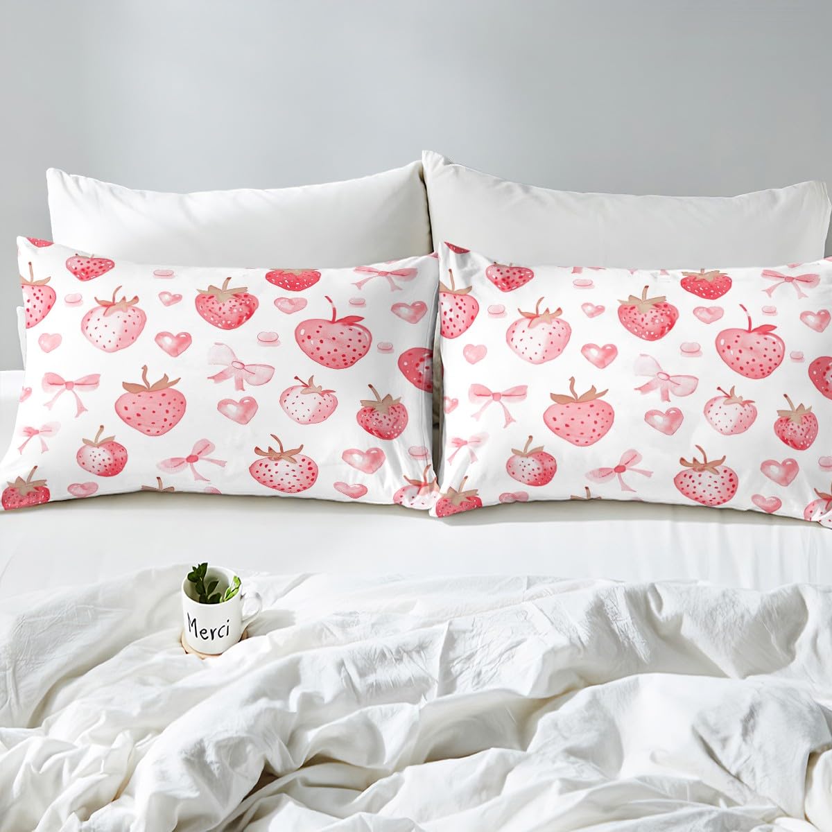 Homewish 4 Pieces Bow and Love Full Size Sheet Set Soft Microfiber Strawberry Fitted Flat Sheets and Pillowcases Pink Cartoon Bedding Sets for Kids Teens Adults