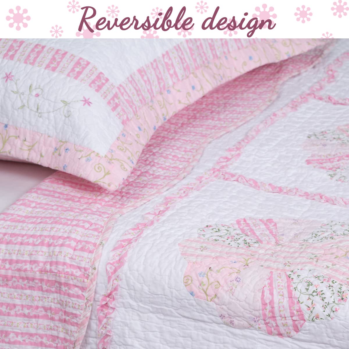 Cozy Line Home Fashions 100% Cotton Real Patchwork Pink Flora Dresden Plate Reversible Quilt Bedding Set, Coverlet, Bedspread (Daisy Field, Queen - 3 Piece)