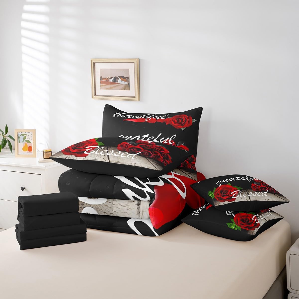 Feelyou Red Rose 7 Piece Bedding Set for Adult Couple Full Size Flower Floral Comforter Set with Sheets Boys Girls Blessed Gift Bed in a Bag Romantic Bed Set