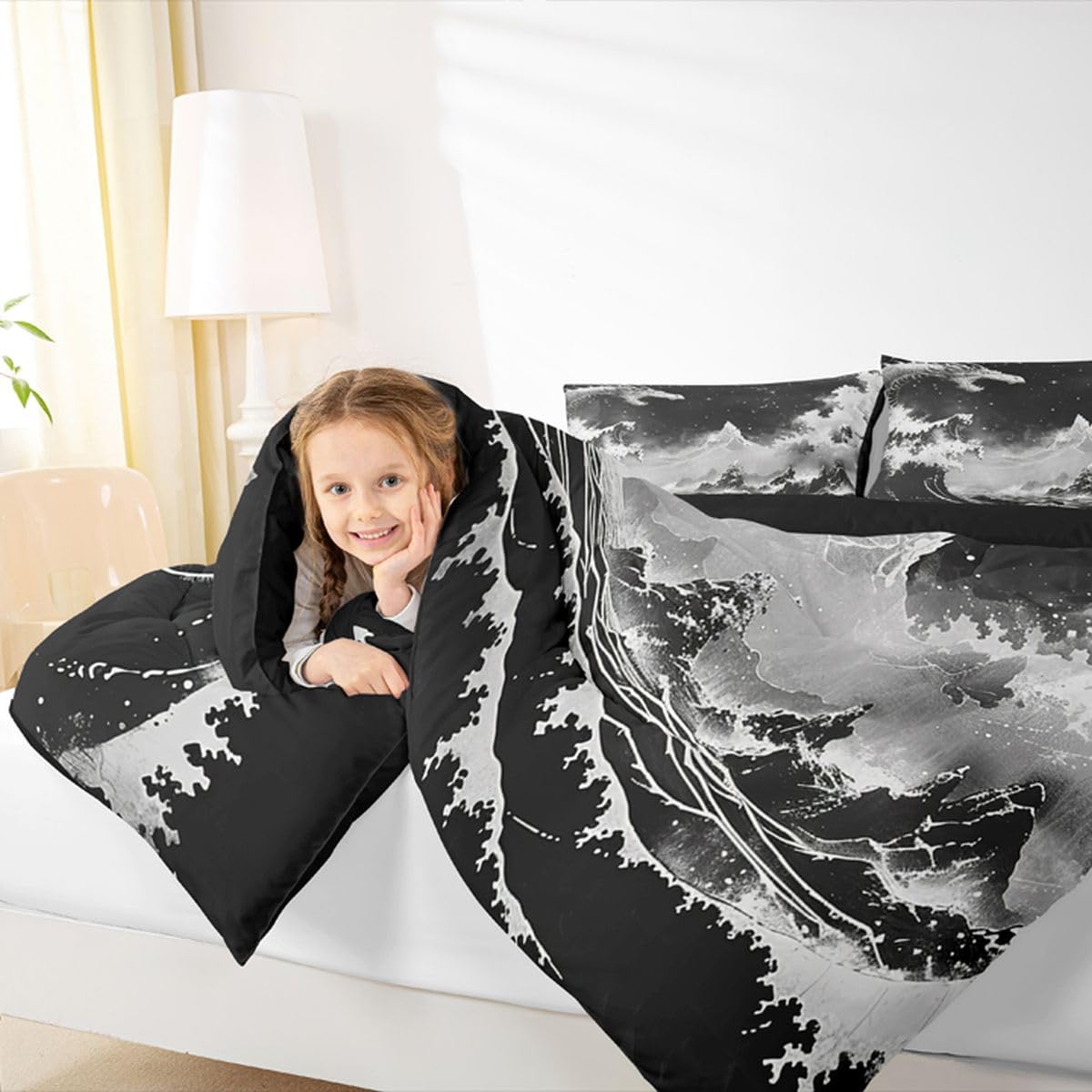 jejeloiu Black and White Wave Comforter Set Queen Size Japanese Style Bedding Set for Kids Boys Girls Ocean Wave Duvet Quilt Abstract Bedroom Decor Microfiber 3 Pcs with 2 Pillow Cases