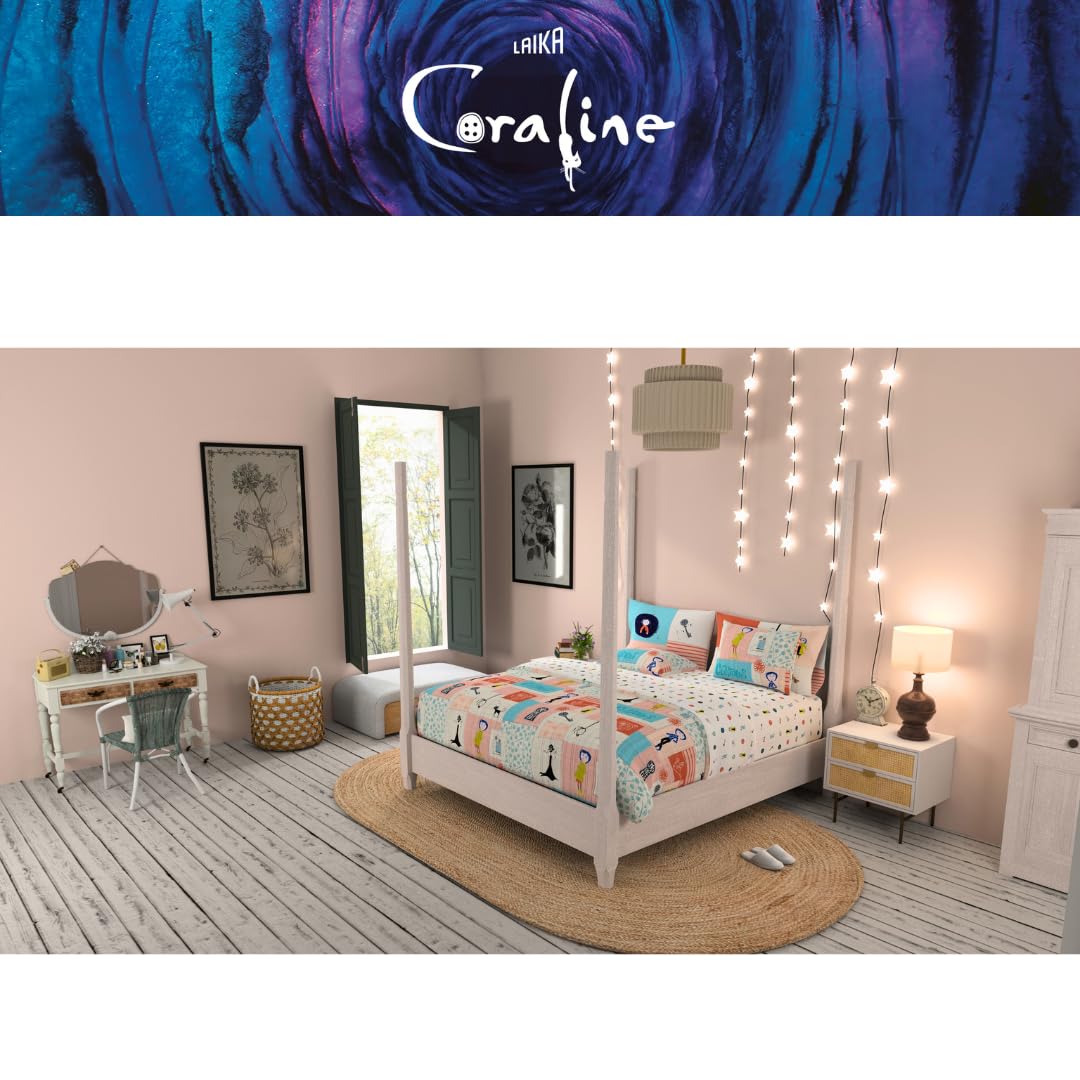Coraline Kids Bedding Super Soft & Cozy Reversible Microfiber Comforter and Sheet Set with Sham, 7 Piece Full Size, (Officially Licensed Product) By Franco