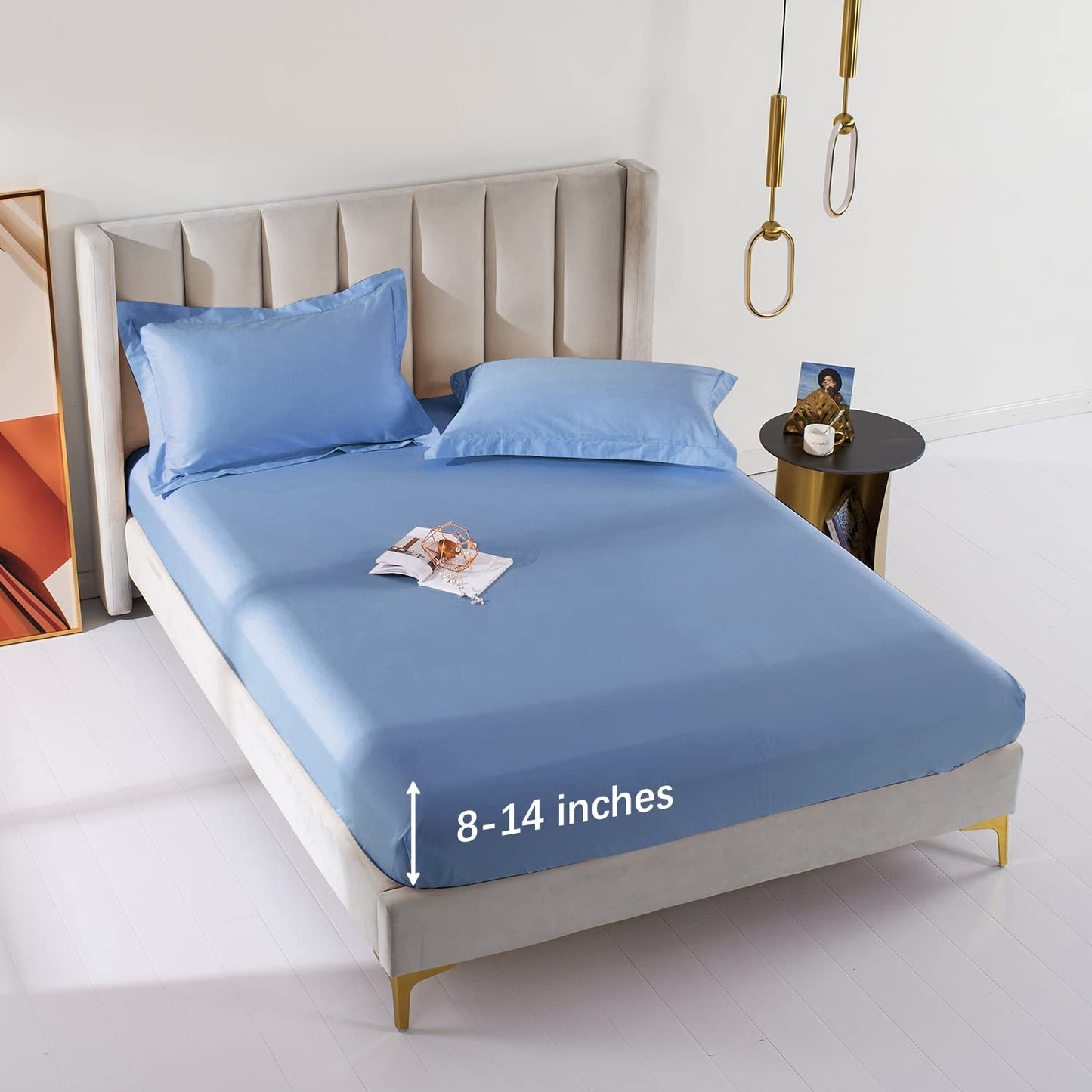 MILDLY Deep Pocket Fitted Sheet Only Queen Size 60"x80" 100% Long Staple Cotton Blue Breathable Bottom Sheet Fits Up to 14" Deep Mattress