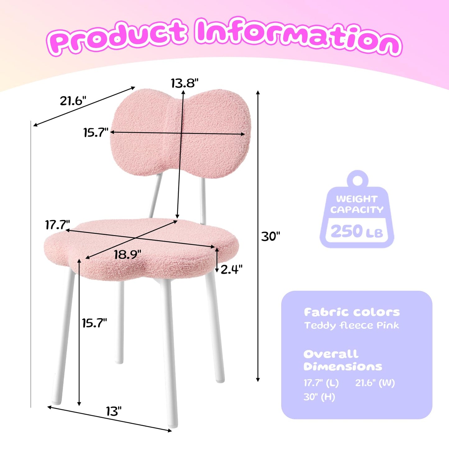 Ultrahome Vanity Girl Chair,Teen Kids Desk Chair with Bow Shape Backrest,Teddy Flence Reading Chair for Bedroom,Study Room,Make Up (Pink)