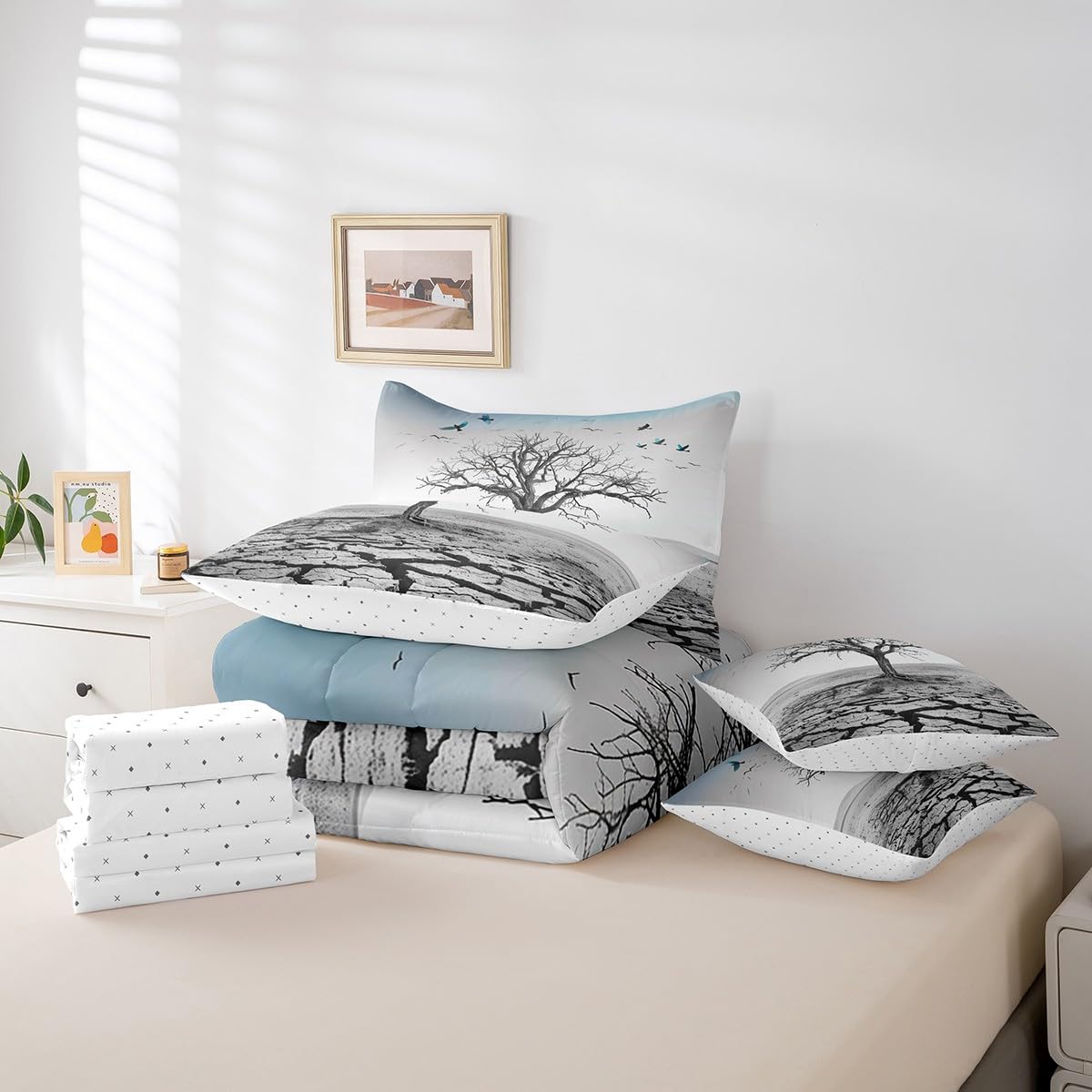 Homewish Natural Style Reversible Comforter Set 7 Piece King Size,Tree Branch Blue Birds Animal Print Bed Sheet Set Abstract Art Room Decor Modern Bedding Set with Comforter,Fitted & Flat Sheet