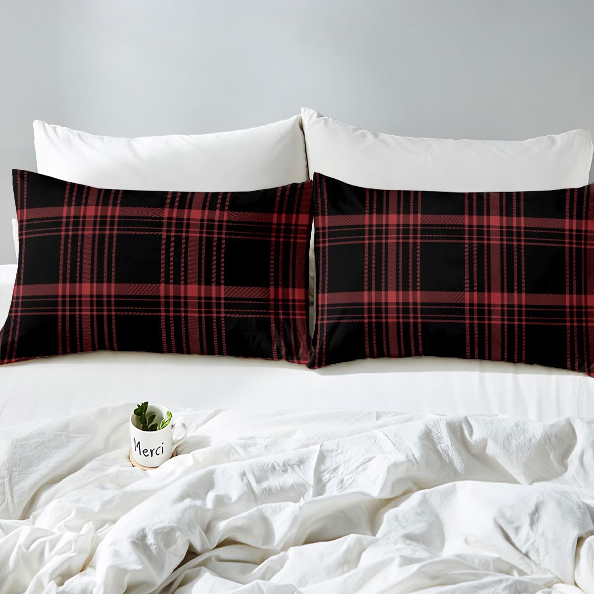 jejeloiu Classic Red Black Plaid Fitted Sheet with 1 Pillowcase Twin Size Checkerboard Bed Sheets Set 16" Deep Pocket Boys Girls Farmhouse Bedding Aesthetic Grid Teens Bedroom Decor Breathable