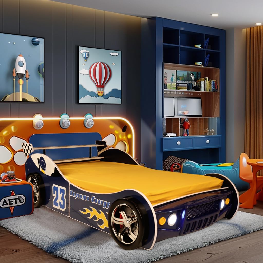 LKTART Car Bed Twin Size for Kids, Race Car Shaped Wooden Platform Bed Frame with Headboard Wheels and Support Slats for Boys Toddlers Child's Bedroom (Blue)