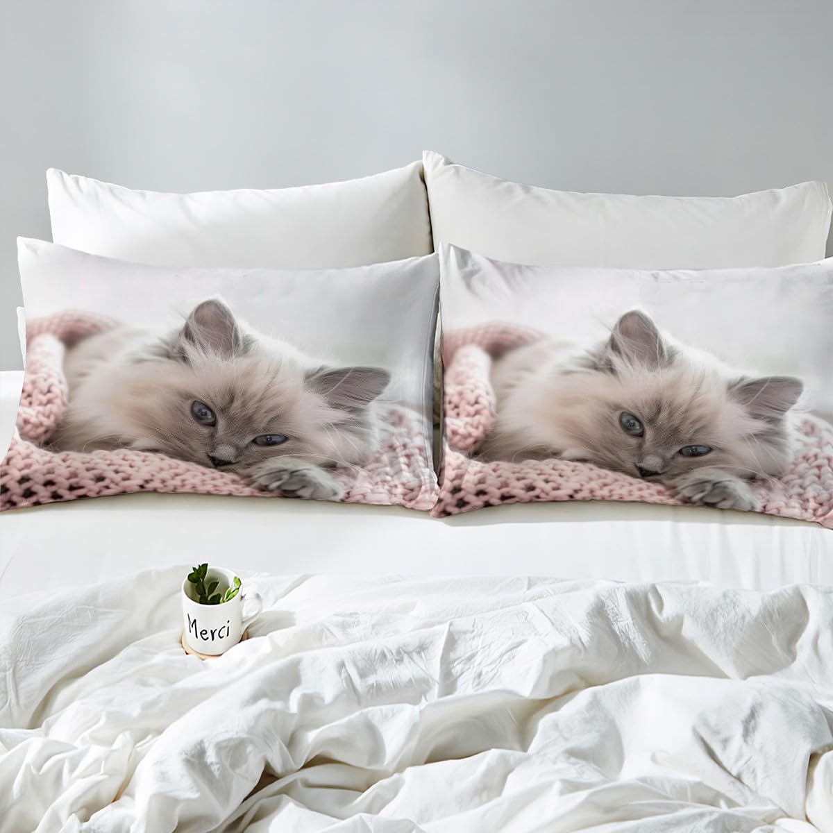 jejeloiu Cat Fitted Sheet Twin Size for Kids Boys Girls Cats Print Bed Sheets Set 16" Deep Pocket Breathable Microfiber Animal Bedding with 1 Pillowcase White Room Decor