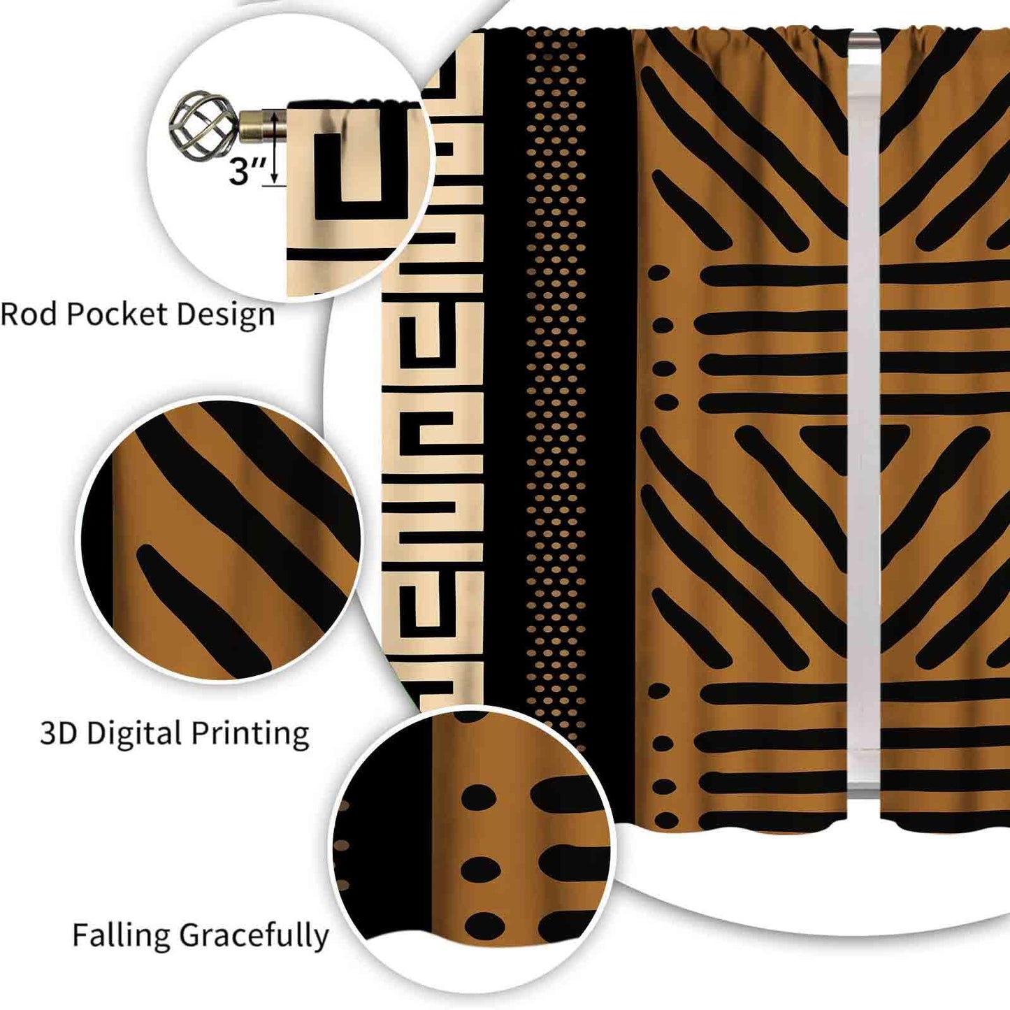 Lnepty African Curtains,Boho Abstract Ethnic Tribal Historical African American Afro Geometric Vintage Window Treatment for Bedroom Living Room Bathroom 2 Panels,42X45 Inch
