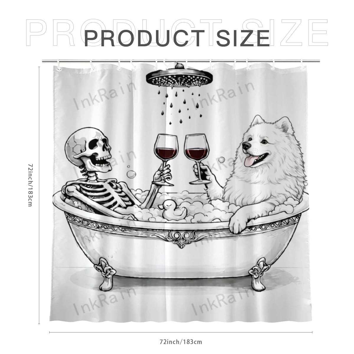 InkRain Gothic Skeleton and Samoyed Shower Curtain Funny Bathtub Wine Art Bathroom Decor Waterproof 72x72 Inch with 12 Hooks Halloween Farmhouse Bath Curtain