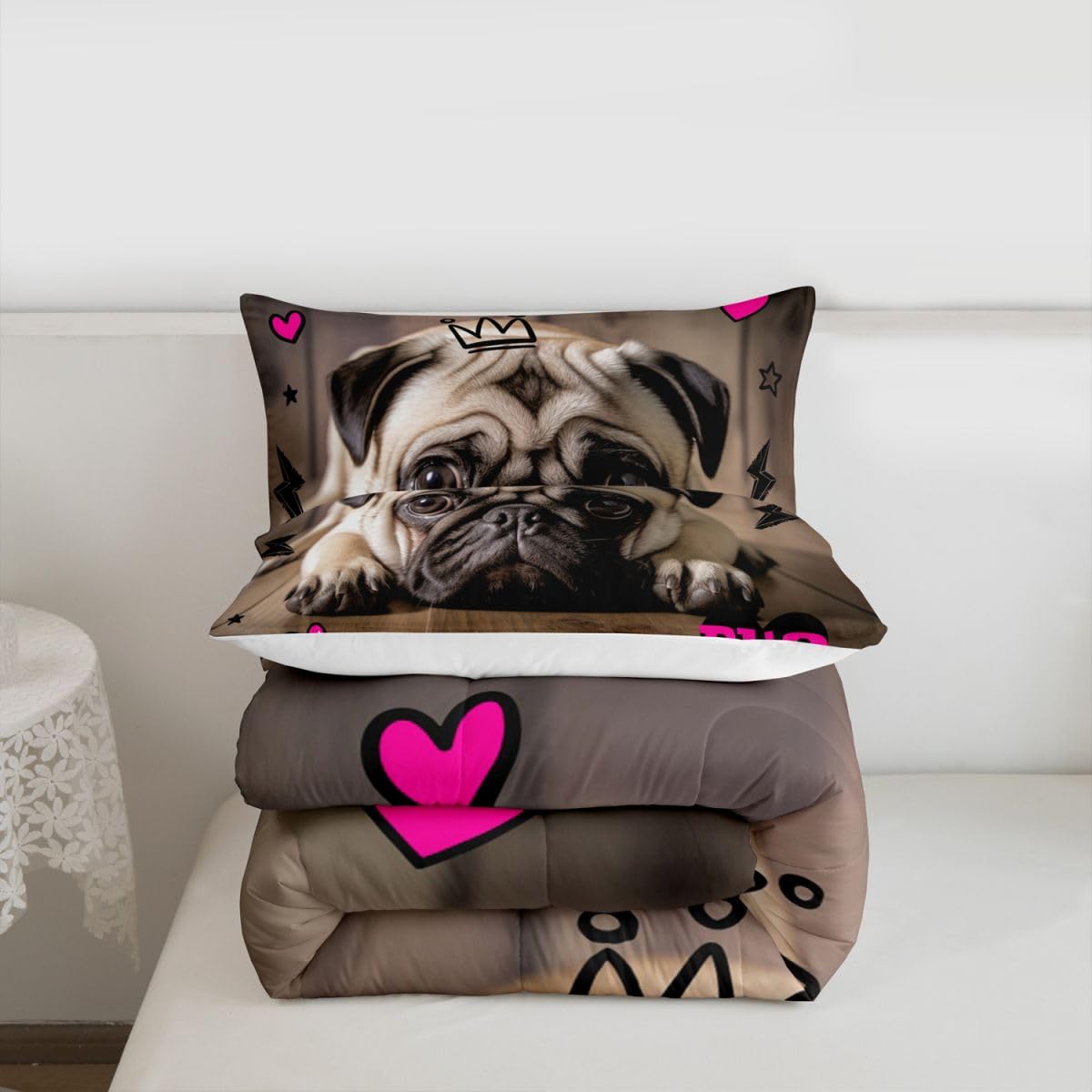 Manfei 3D Pug Comforter Set Twin Size Cute Pug Puppy Dog Bedding Set 2pcs for Kids Boys Girls Room Decor, Animal Theme Quilt Set Pink Hearts Lightning Star Print Duvet Set with 1 Pillowcase