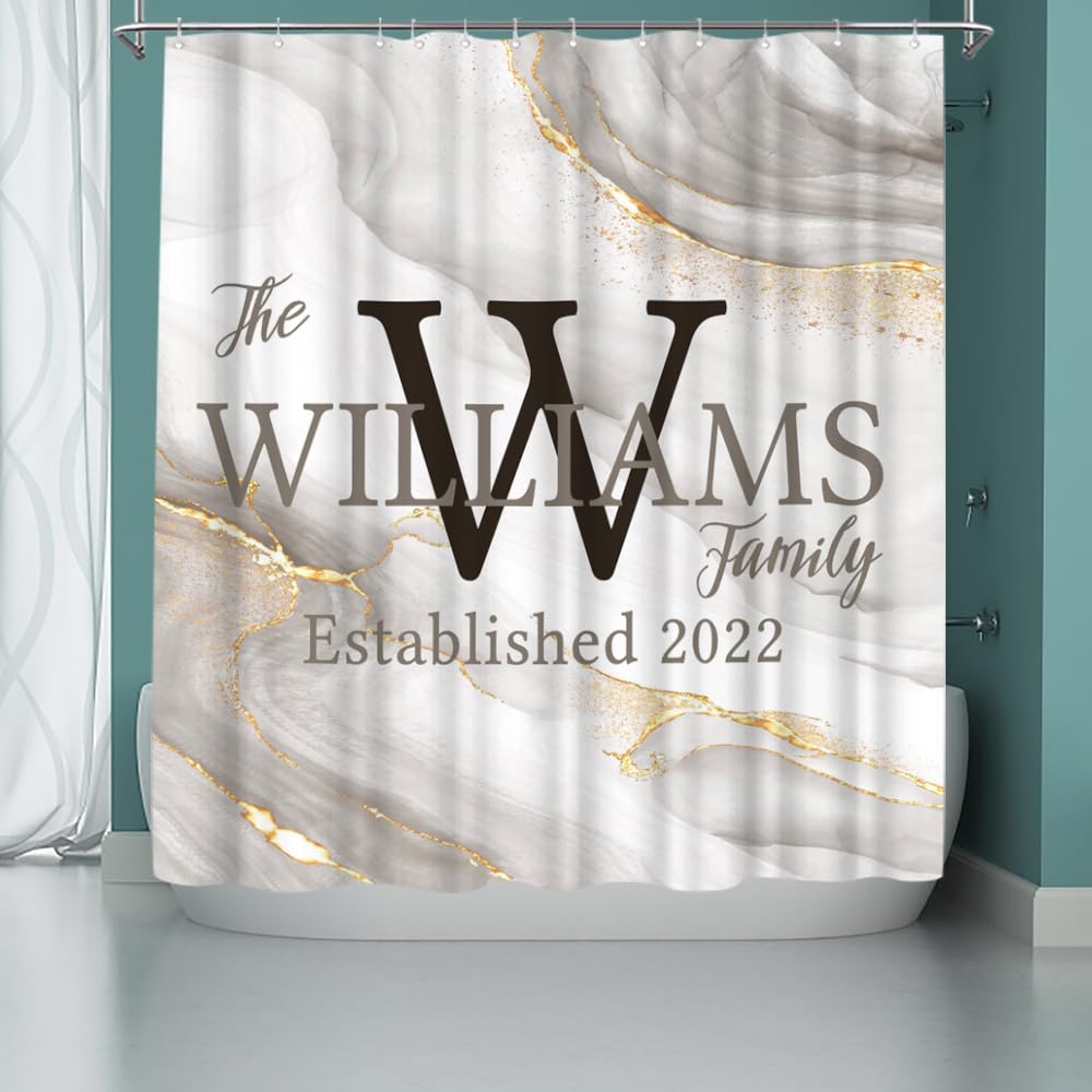 iLOOKLiKE Abstract Marble Shower Curtain Personalized Family Last Name Custom Monogram Grey Jade Texture Gold Stripes Bathroom Curtain Set Modern Durable Fabric Polyester 72x72inch with Hooks