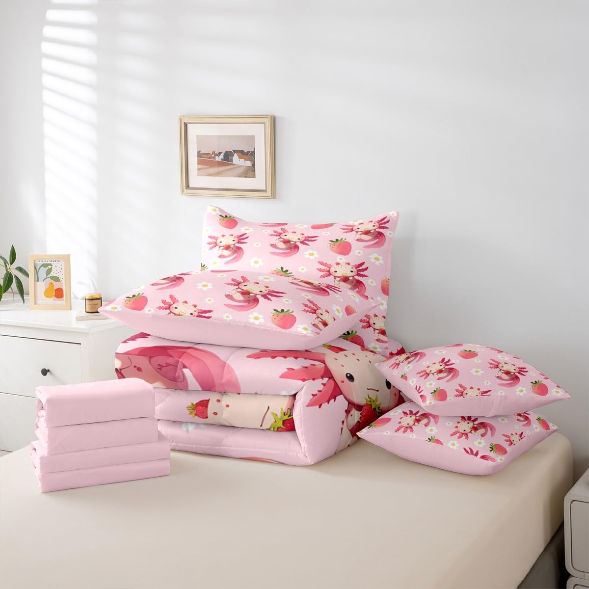 Erosebridal Strawberry Axolotl Queen Comforter Set Cute Pink Axolotl Bed in a Bag for Kids Girls Teens Cute Daisy Flower 7-Piece Bedding Set Kawaii Sea Animal Quilt Duvet Sets with Floral Design