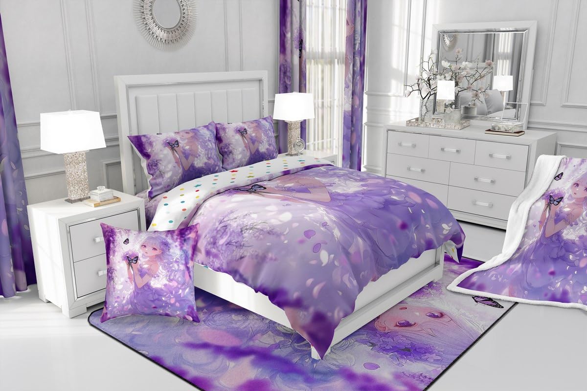 Erosebridal Cute Kawaii Anime Girl Full Bedding Set Japanese Style Anime Kids Down Comforter Cartoon Print Comforter Set Purple Romantic Flower Butterfly Bed Set 2 Pillow Cases