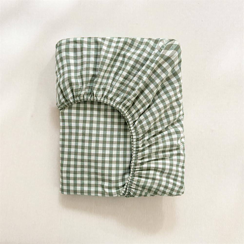 LifeTB Green Gingham Fitted Sheet Queen 1 Piece Plaid Bedding Sheet Soft 100% Washed Cotton Grid Single Bottom Sheet Green Gingham Bed Sheet Cotton Mattress Cover 15" Deep Pocket Farmhouse Grid Sheet