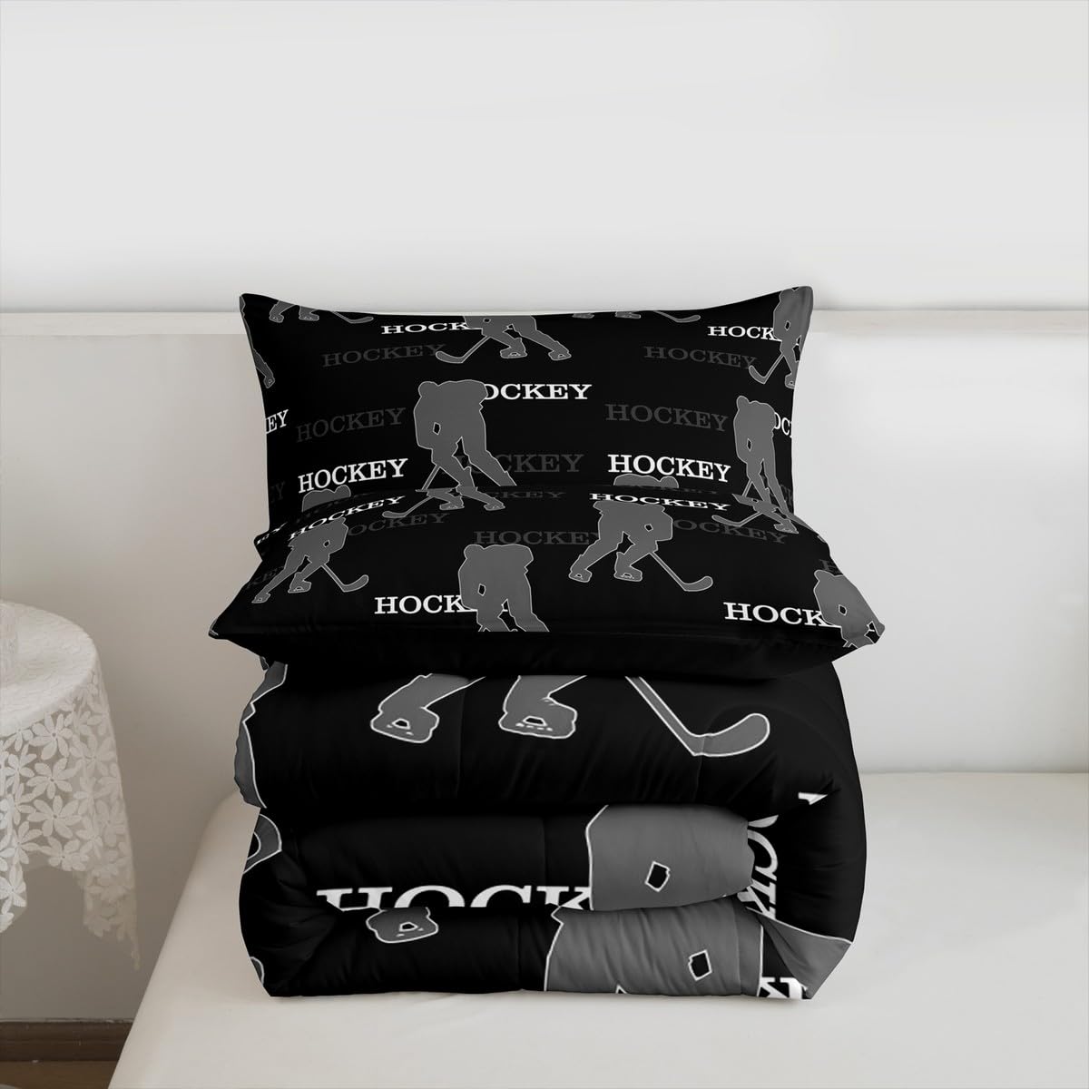 Ice Hockey Kids Bedding Set Queen Size, Comforter Set,Winter Sports Modern Quilt Comforter,Black Gray Bedroom Duvet Insert,2 Pillowcases