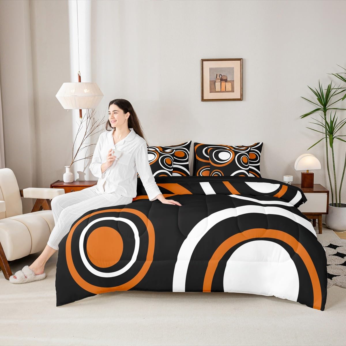 Erosebridal Orange Black Abstract 7-Piece Bedding Set Full Modern Striped Circles Bed in a Bag for Adult Women Men Boho Geometric Art Aesthetic Comforter Set Black White Abstract Duvet Insert