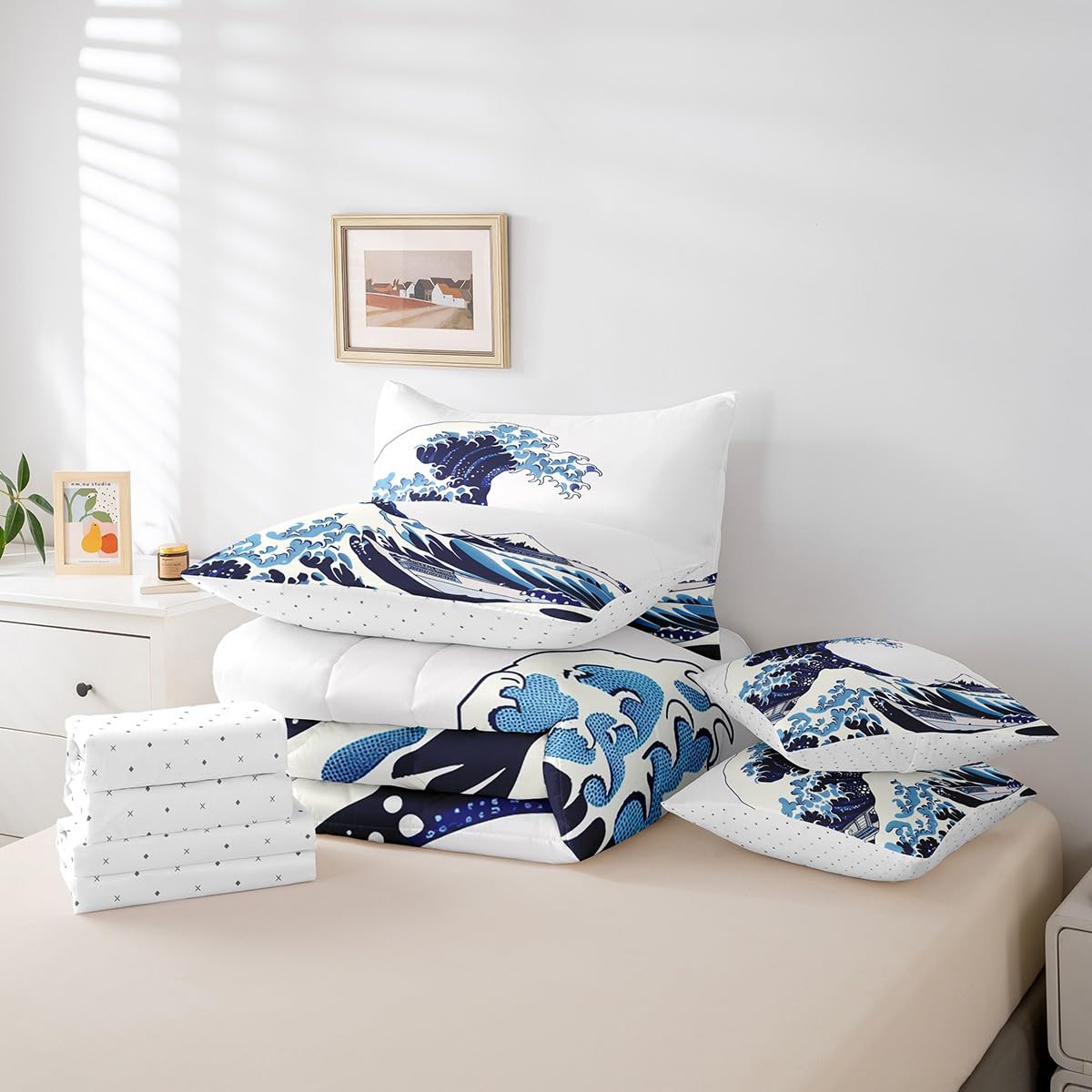 Erosebridal 7 Pcs Japanese Style Comforter Set Twin Sea Ocean Waves Bedding Sets for Men Women Adults Japanese-Style Hand Drawn Quilt with Flat Fitted Sheet Illustration Ukiyoe Themed Bed in A Bag