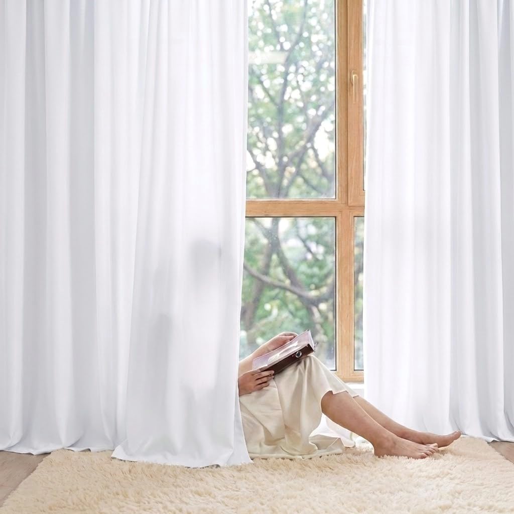 NICETOWN Pure White 4 Panels Privacy Sheer Curtains 52 x 96 Inches Long, Non-See-Through Light Filtering Window Treatment Drapes for Living Room, Bedroom - Rod Pocket Style