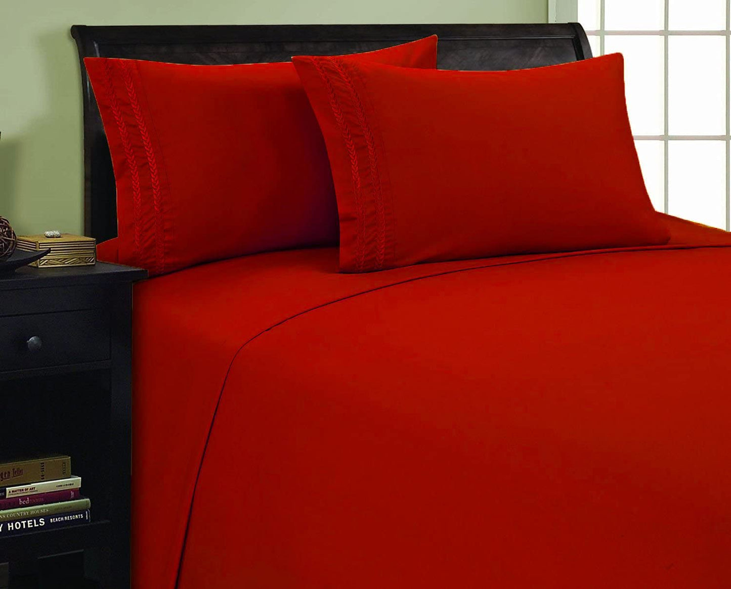 Elegant Comfort 1500 Premier Chain Design Hotel Quality Luxurious Silky Soft Wrinkle & Fade Resistant 4 pc Sheet Set, Deep Pocket Up to 16" - Queen Red