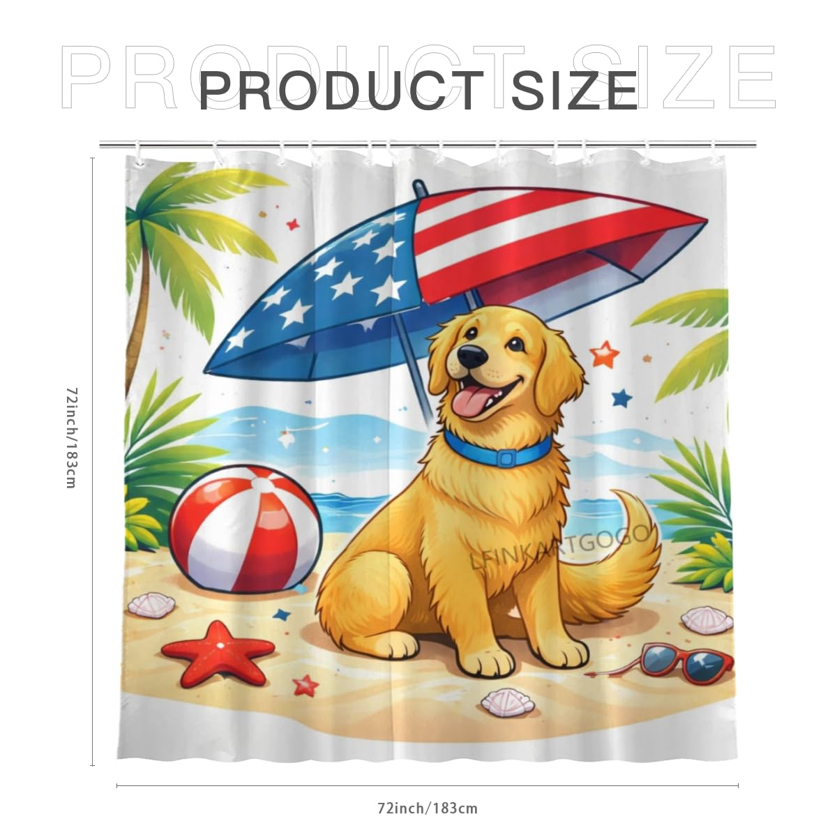 LFINKARTGOGO Shower Curtain 72x72 Inch with 12 Hooks Cute Golden Retriever Beach Bathroom Decor Patriotic Summer Coastal Dog Lover Waterproof Washable Polyester Bath Curtain