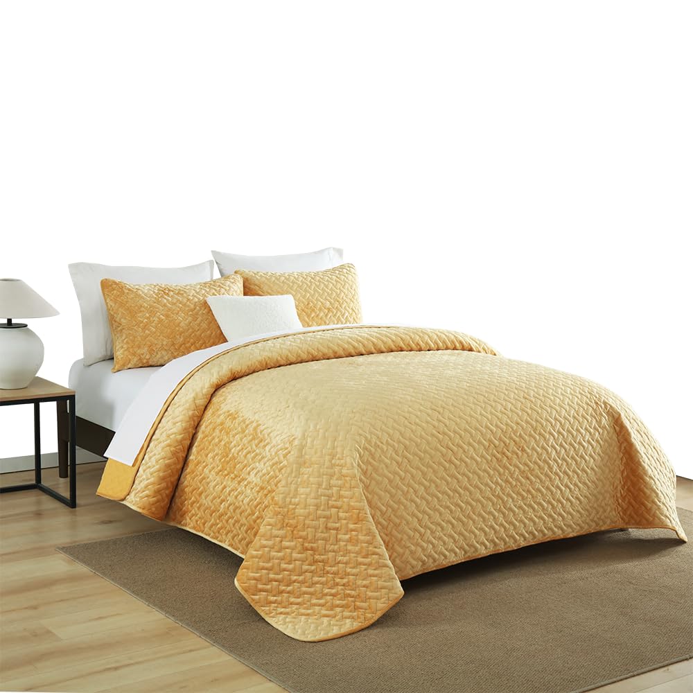 Liians Velvet Bedspread Quilt Bedding Sets,Luxury Elegant Ultra Soft Velvet Comforters Coverlet Blankets,Weave Stitching Pattern Cotton Quilted Bedspread for All Seasons,Yellow,King Size