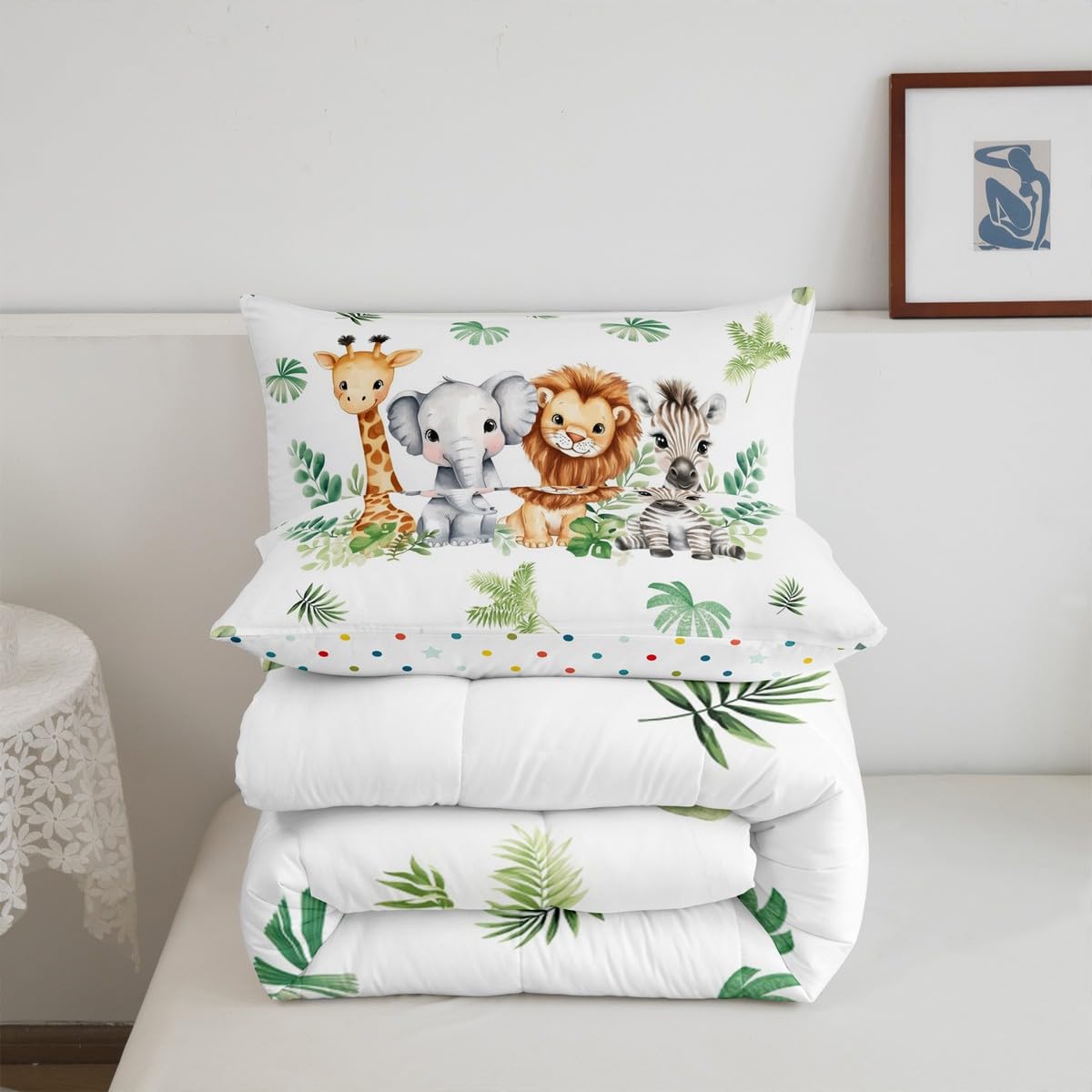 Erosebridal Jungle Animal Bedding Sets for Boys Nursery Giraffe Elephant Comforter Full Size for Kids Girls Baby Green Botanical Eucalyptus Palm Leaves Quilt Zebra Lion Safari Animal Duvet Insert
