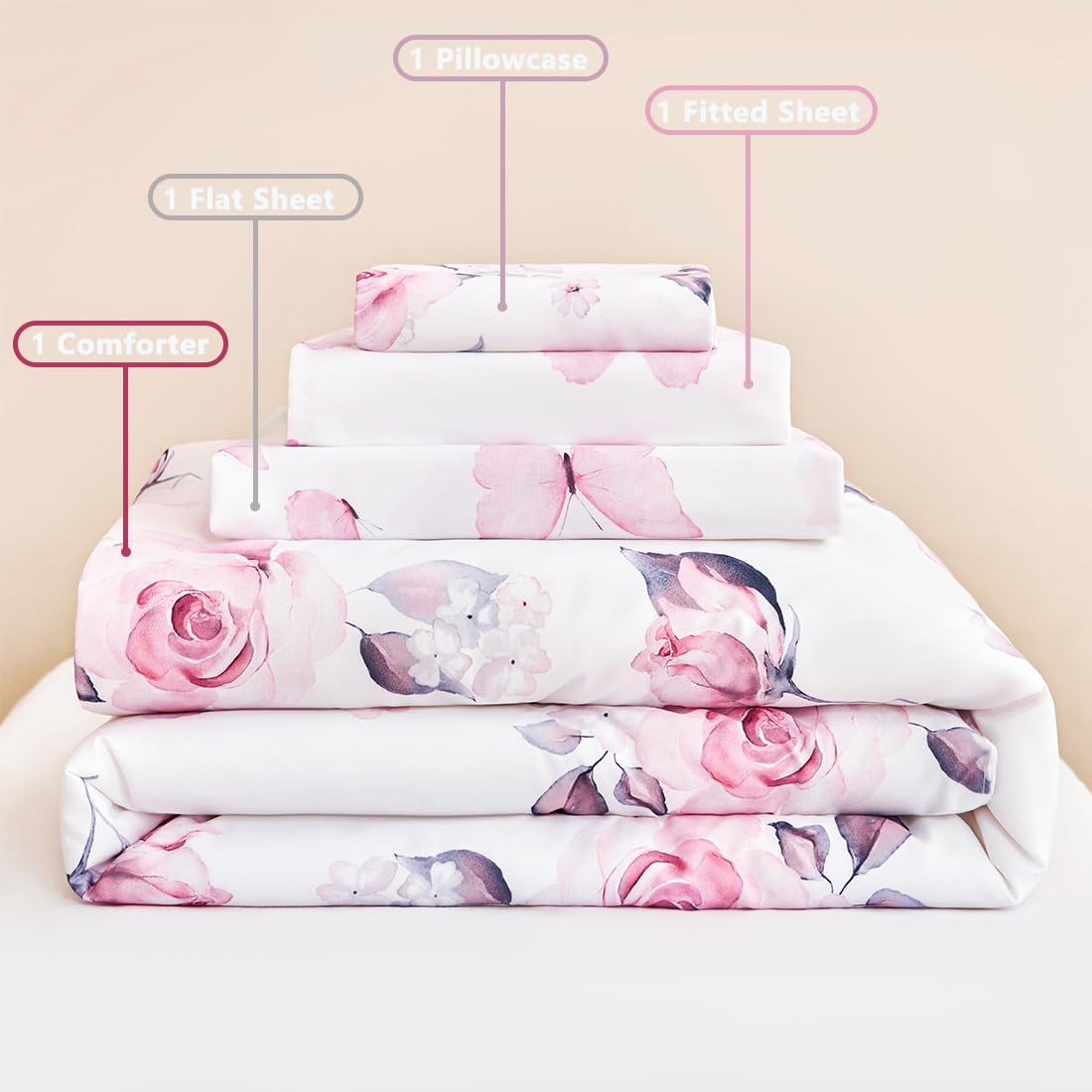 PERFEMET Floral Toddler Bedding 4-Piece Pink Flower Toddler Girls Comforter with Sheet Set Reversible Butterfly Kid Bed Sets-Comforter, Fitted Sheet,Flat Sheet,Pillowcase