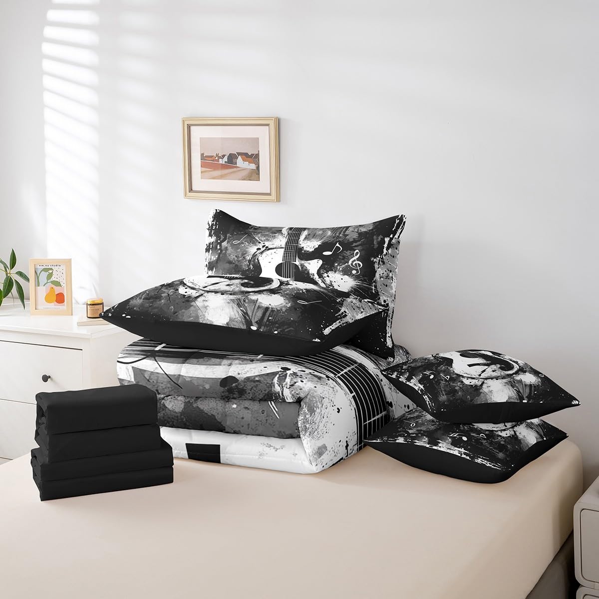 Feelyou Guitar Comforter Set with Sheets Queen Size Rock Music Bed in a Bag for Boys Girls Teens Black Gray 7 Pieces Bedding Set Soft Lightweight Microfiber
