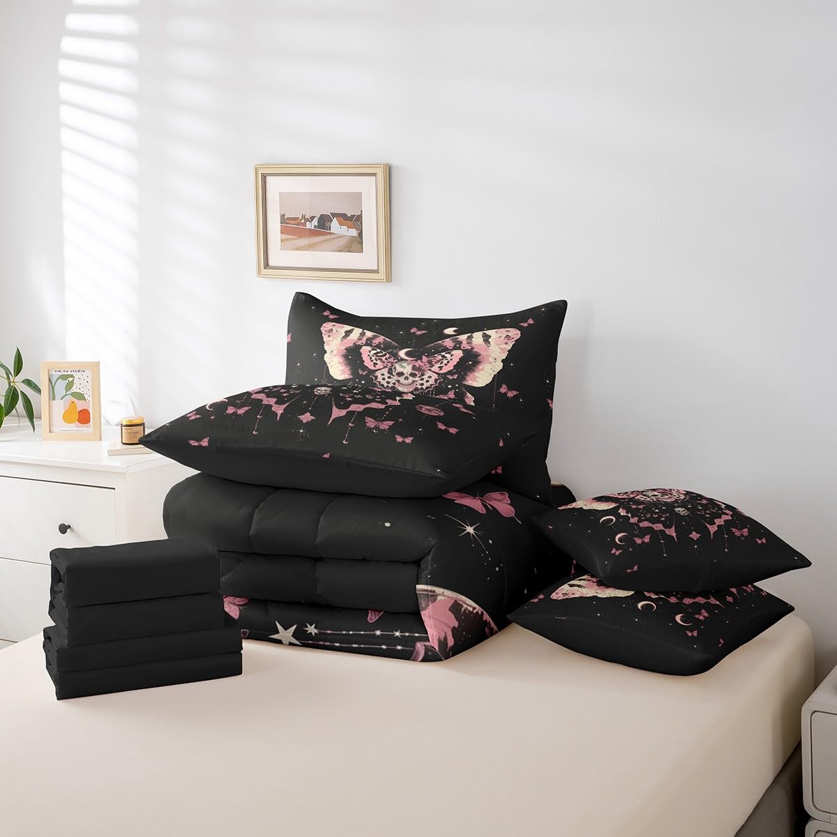 Feelyou Death Moth Skull Heads 7 Piece Bedding Set Twin Size Halloween Decor Comforter Set with Sheets for Kids Boys Girls Adult Moon Butterfly Bed in a Bag Black Pink Bed Set