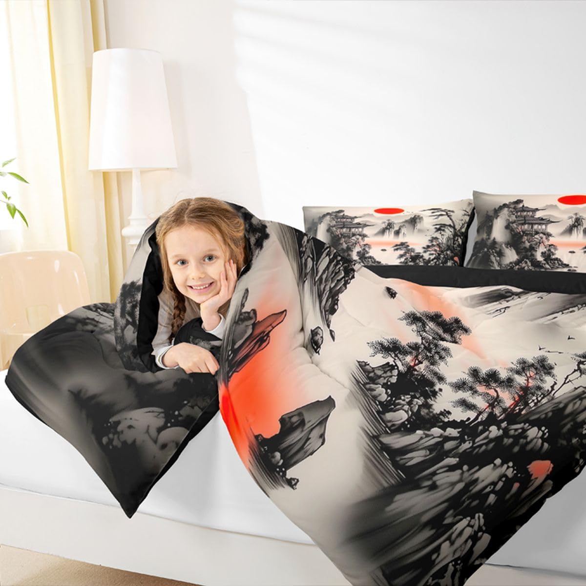 jejeloiu Chinese Ink Painting Bedding Set Soft for Boys Girls, Red Sun Comforter Set Queen Size Mountain Duvet Quilt Microfiber Japanese Style Bedroom Decor 3 Pcs with 2 Pillow Cases
