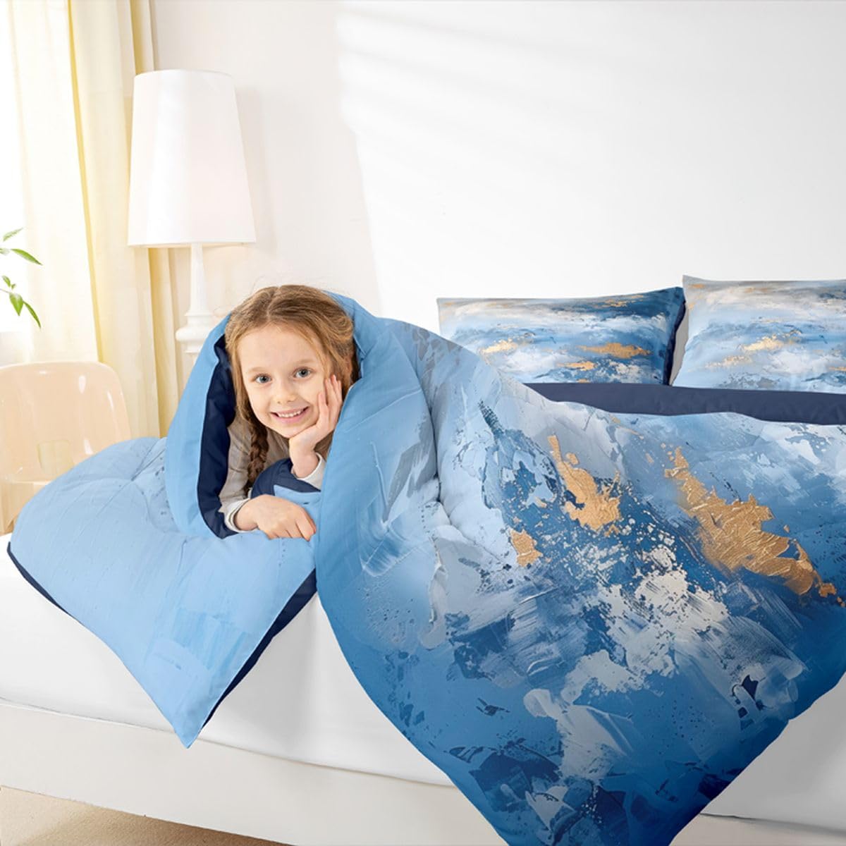 jejeloiu Abstract Kids Comforter Set Toddler Size Blue Modern Bedding Set Coastal Sunset Duvet Quilt for Kids Boys Girls Bedroom Decor Microfiber Ultra Soft Breathable