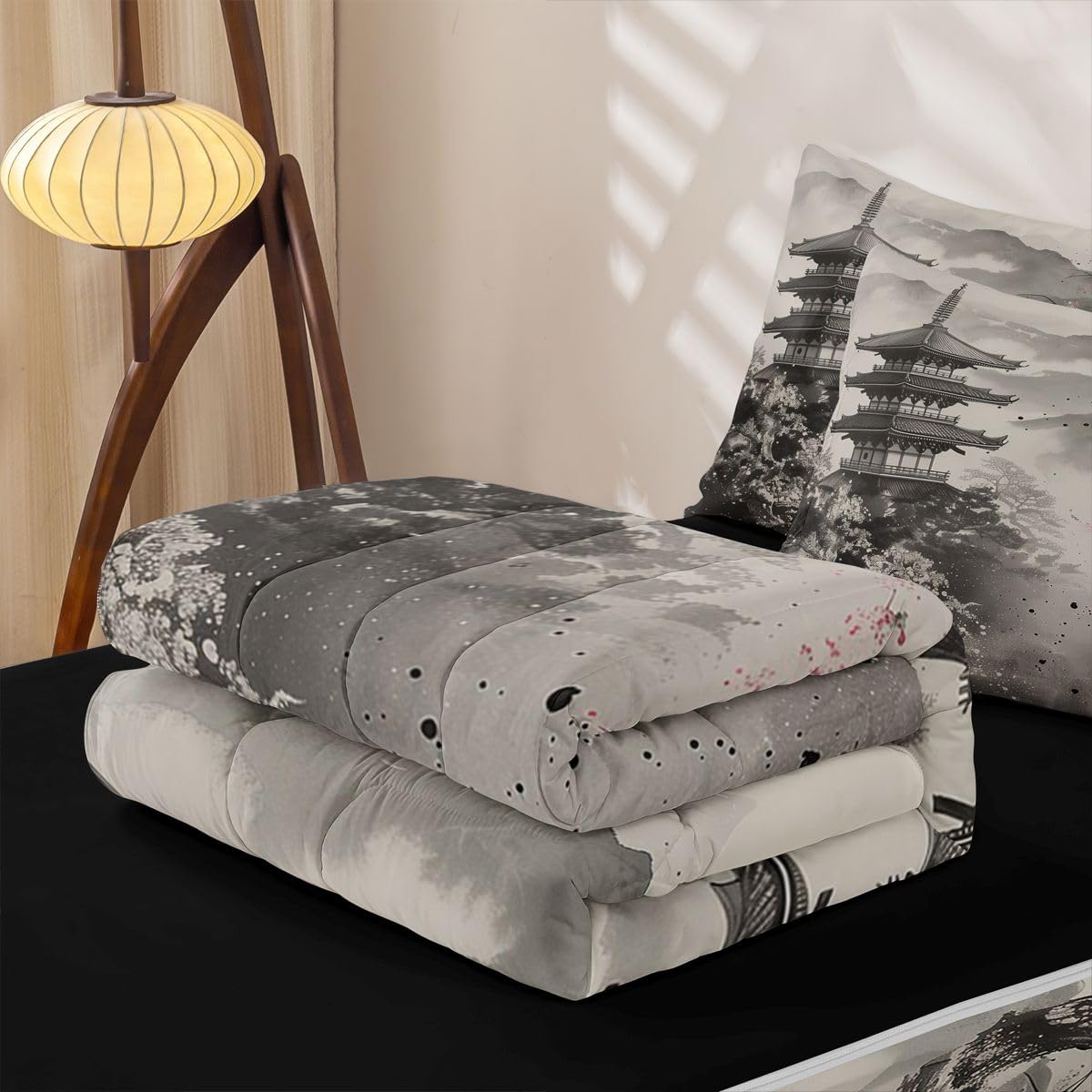Erosebridal Grey Japanese Kids Comforter Set Full Ink Painting Style Cherry Blossom Zipper Bedding Sets for Boys Girls Teen Mountain Pavilions 3 Pcs Bed in a Bag Set Vintage Aesthetic Zip Up Bedding