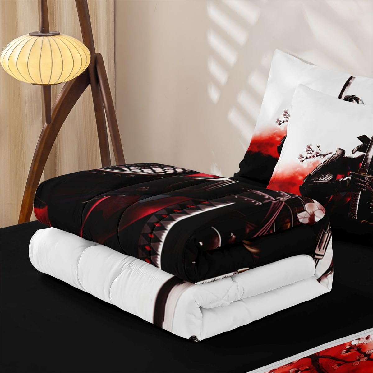 Erosebridal Japanese Samurai Zip Up Bedding Comforter Sets Twin Size, Japan Warrior Comforter in One Zipper - Cherry Blossom Bedding Set with Pillowcases