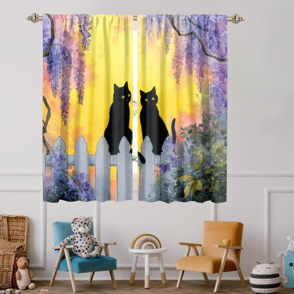 XSUPFLYM Cute Beautiful Black Cat Window Thermal Curtain for Living Room Colorful Modern Spring Garden Animal Black Cats Plant Lilac Floral Blackout Curtains for Bedroom 2 Panels Each 21" W x 45" L