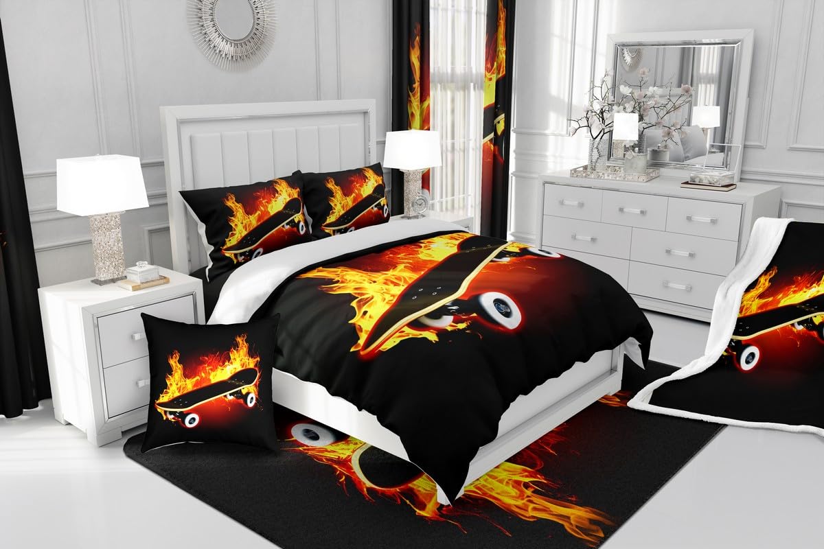 Feelyou Skateboard Sherpa Throw Blanket Kids Boys Teens Street Sports Fleece Blankets and Throws Fire Skate Board Plush Blanket Hip Hop Skater Fuzzy Blanket for Sofa Bed Couch 50" x 60",Black