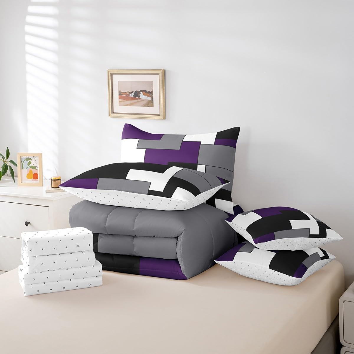 Erosebridal 7 Pcs Geometric Comforter Set Twin Size,Square Bed in a Bag with Flat Fitted Sheet for Kids and Adults,Purple Black White Abstract Art Bedding Set with Pillowcases and Cushion Cases