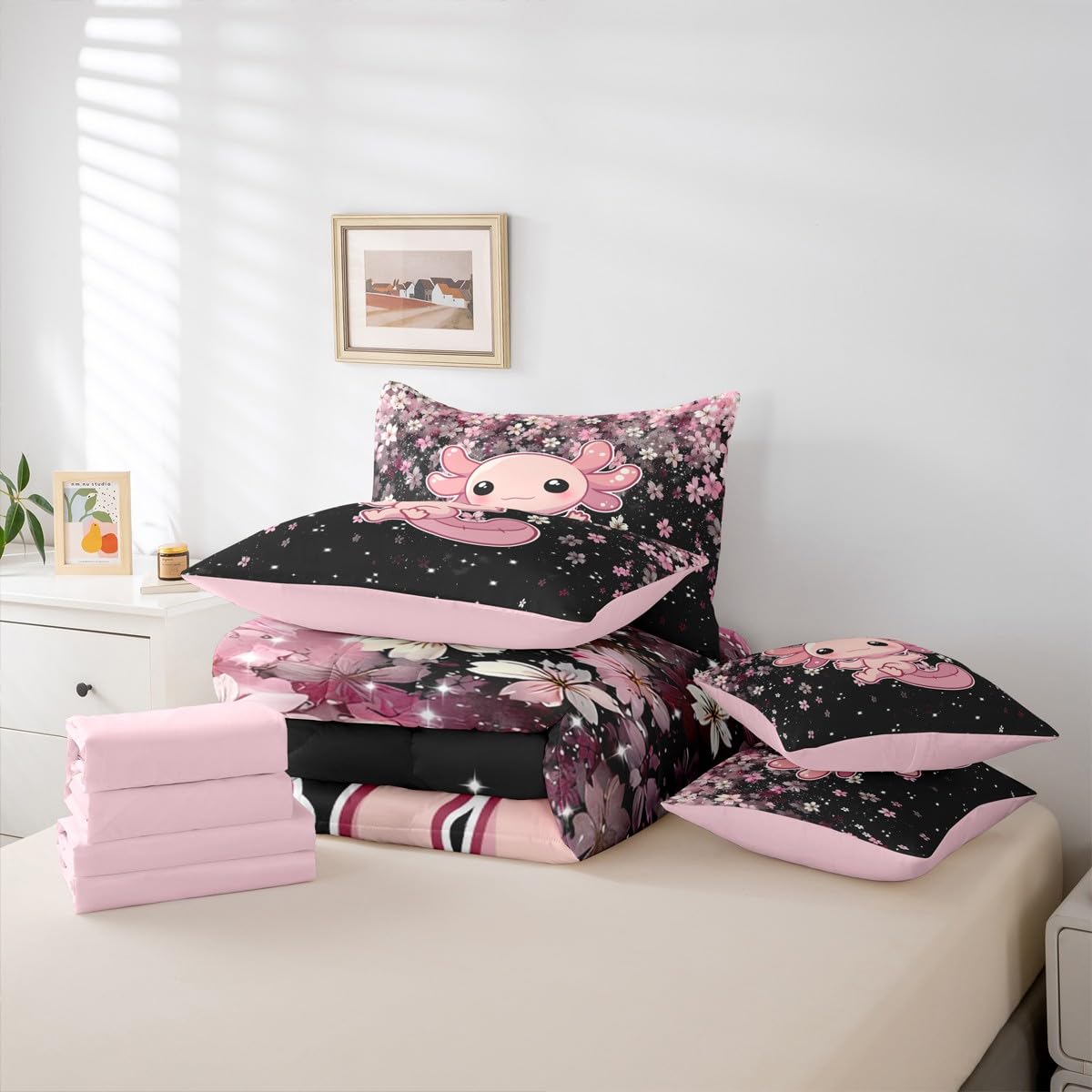 Pink Axolotl Queen Comforter Set Romantic Cherry Blossom Bed in a Bag with Flat and Fitted Sheet for Kids Girls Teens 7-Piece Bedding Set Girly Kawaii Animal Quilt Duvet SetsCartoon Axolotl