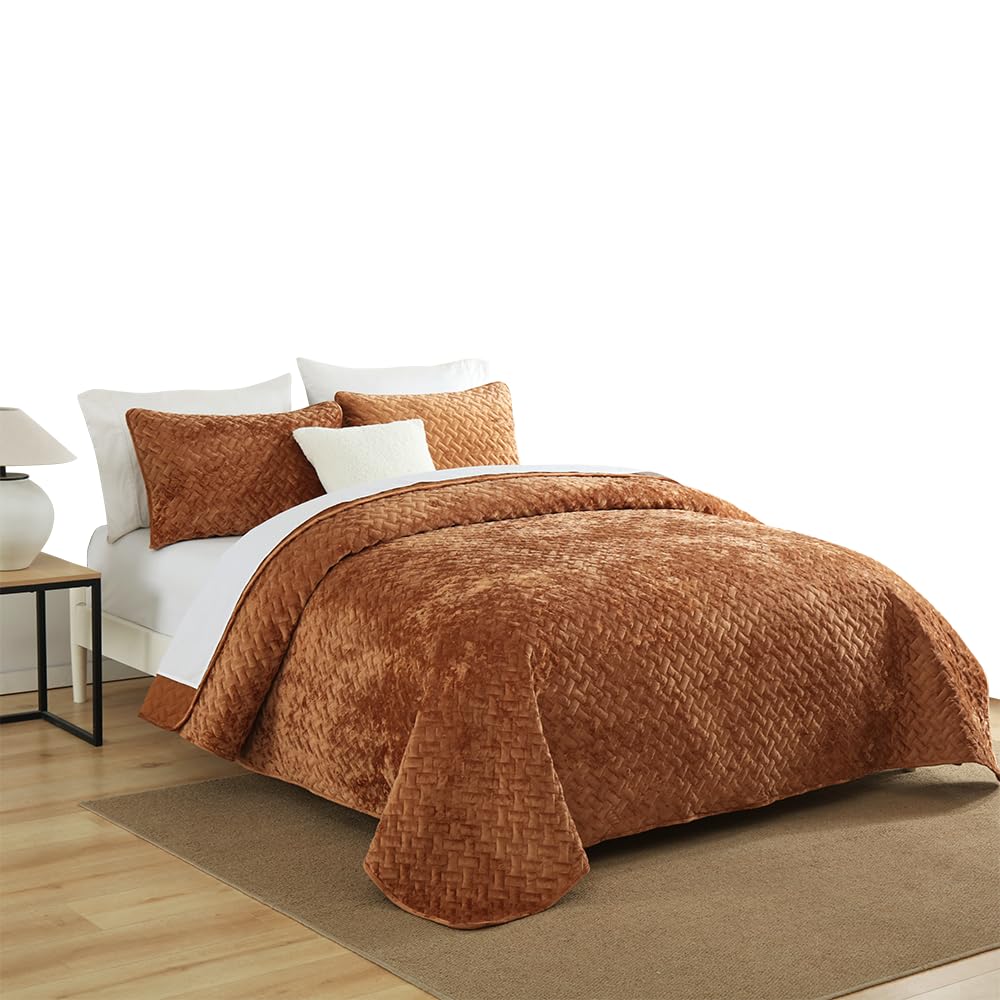 Liians Velvet Bedspread Quilt Bedding Sets,Luxury Elegant Ultra Soft Velvet Comforters Coverlet Blankets,Weave Stitching Pattern Cotton Quilted Bedspread for All Seasons,Caramel,King Size