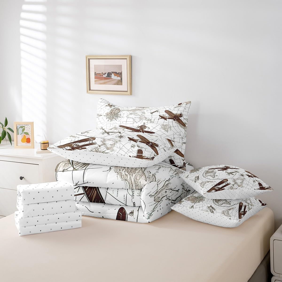 Feelyou 3D Aircraft Comforter Set 7 Pieces Airplane Print Bed in a Bag Aircraft Flying Flight Map Air Route Bedding Set Queen Size Bedroom Decor Brown Bed Set with Comforter, Sheet Set, Pillowcases