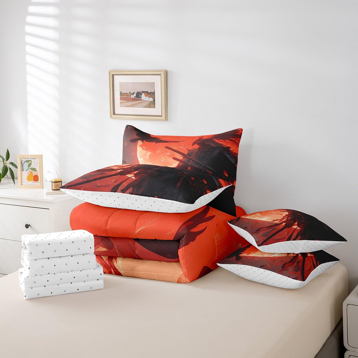 7 Pieces Twin Size Japan Samurai Comforter Set,Japanese Ukiyo-e Soldier Sword Bedding Set for Boys Men,Moon Crow Bird Animal Rustic (Comforter+Fitted+Flat Sheet+2 Pillowcases+2 Throw Pillow Covers)