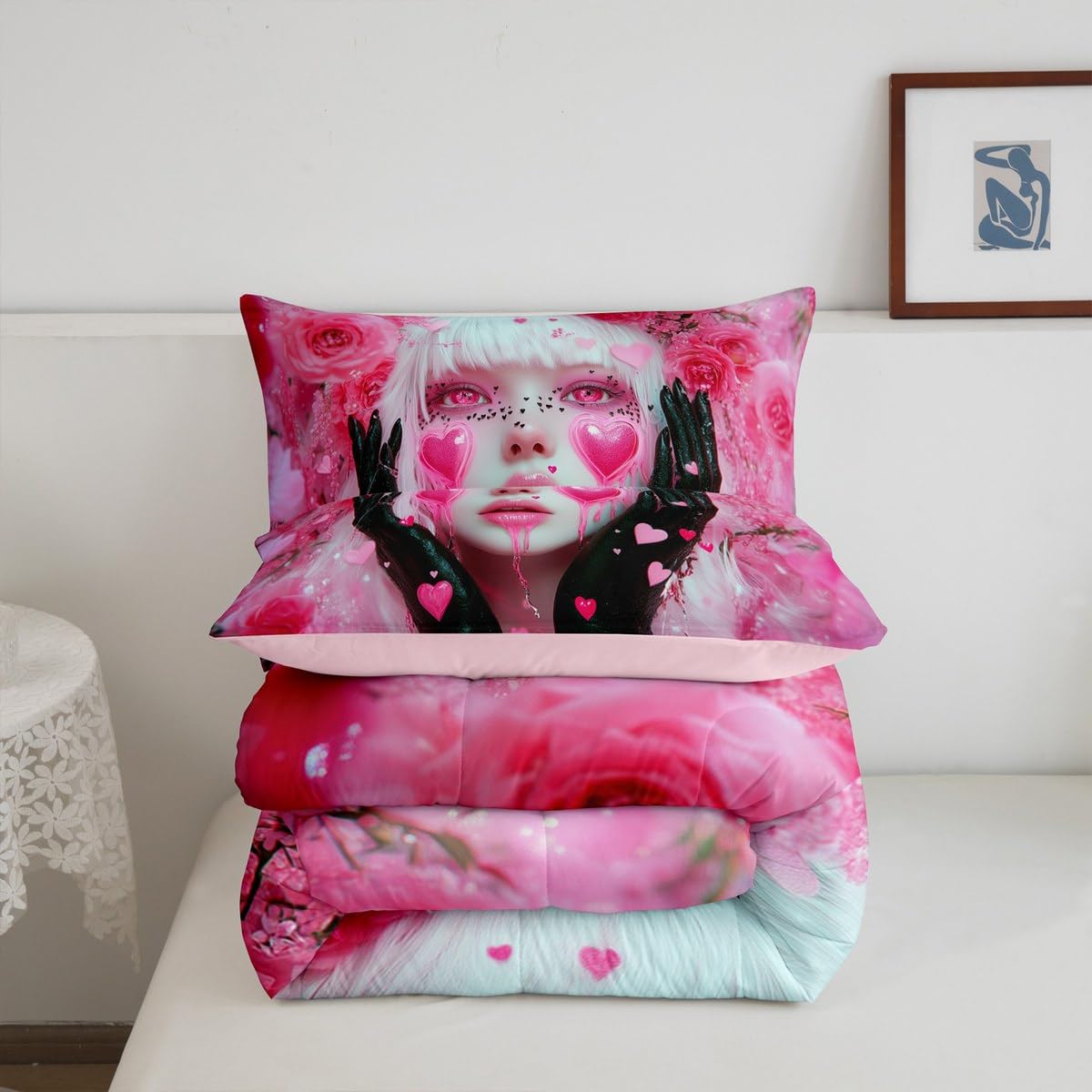 Erosebridal Pink Girl Comforter Set Twin Size Romance Rose Flowers Toddler Bedding Sets for Girls Anime Bedding Set, Modern Fashion Lady Art Duvet Insert Love Hearts Quilt with 1 Pillowcase