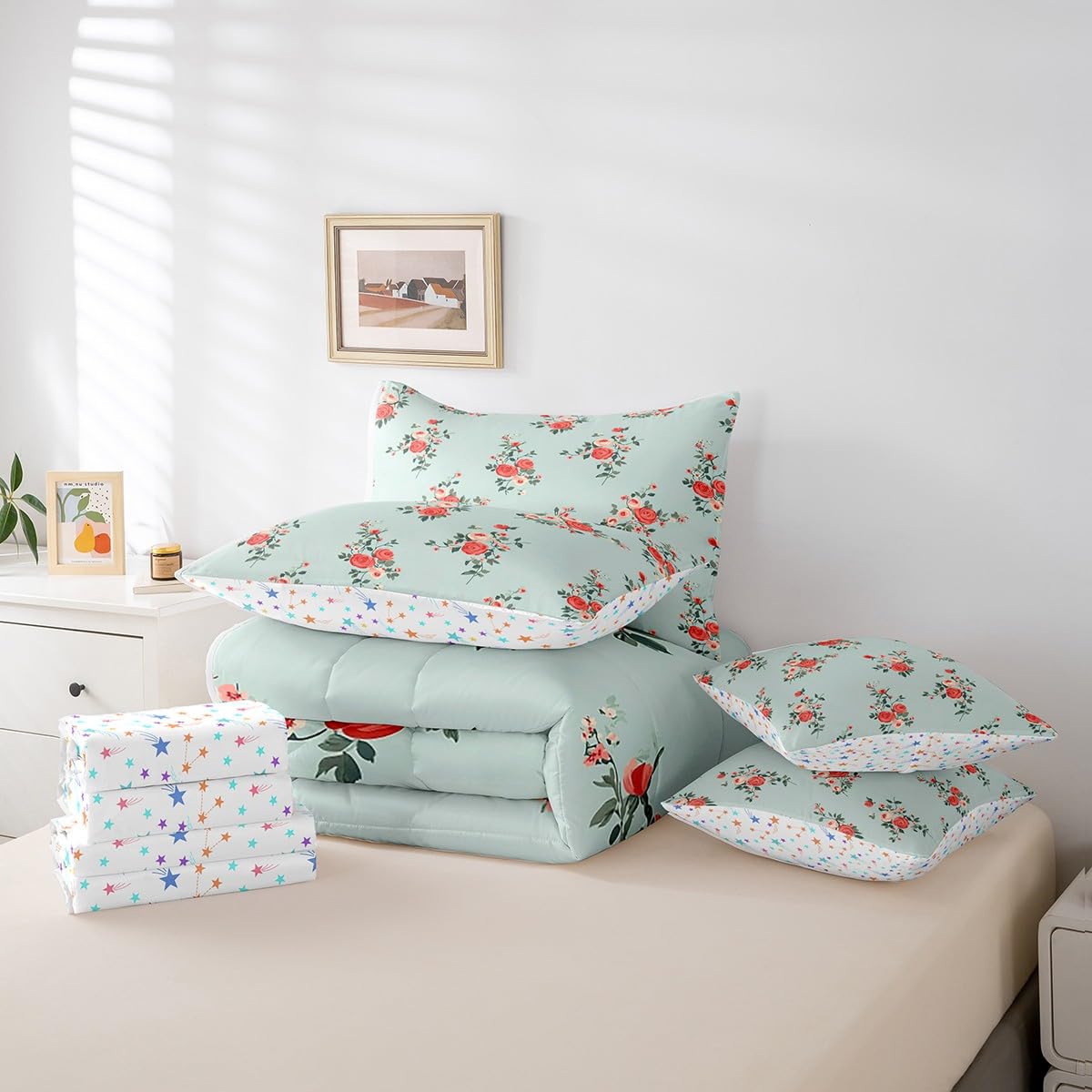 jejeloiu Kids Cute Rose Comforter Set 7 Pieces Full Size Flower Floral Bedding Set for Boys Girls Nature Spring Bed Set Bed in a Bag with Comforter, Sheets, Pillowcases & Cushion Covers