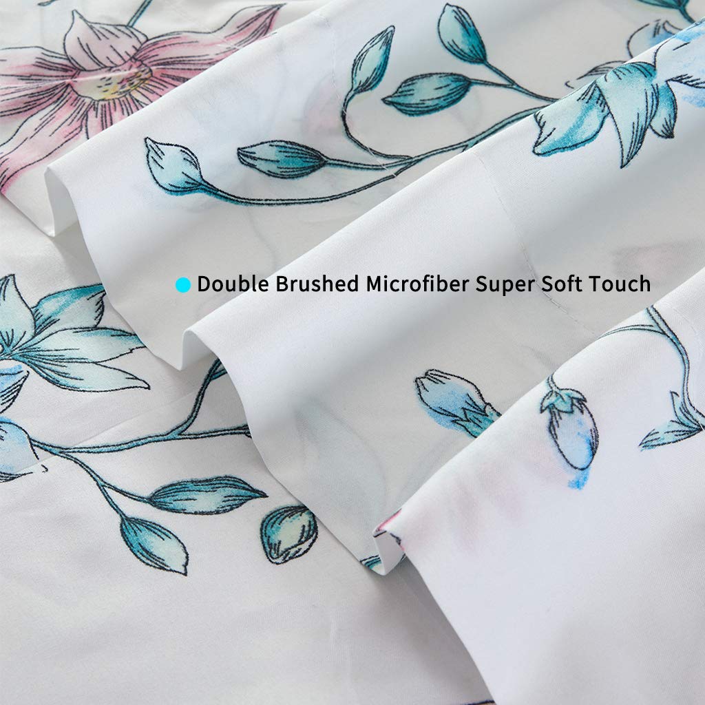 JSD White Blue Floral Printed Sheet Set Queen Size, 4 Piece Botanical Microfiber Sheets Extra Deep Pocket