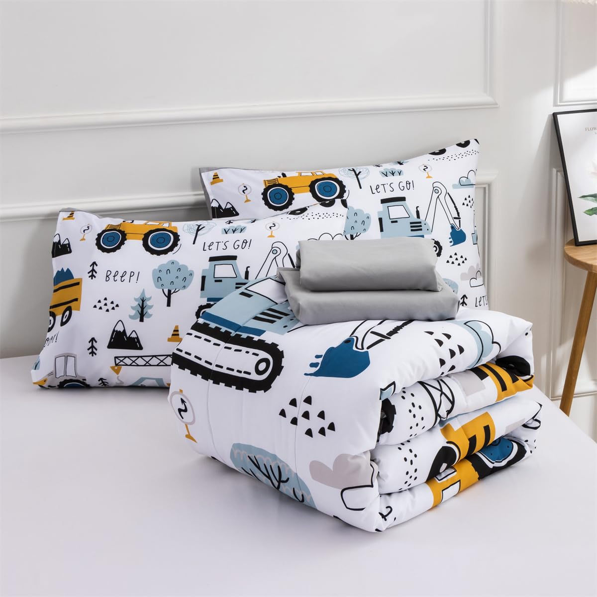 NTBED 5 Pieces Construction Truck Twin Comforter Set for Boys Kids Forest Vehicles Excavator Lightweight Microfiber Bedding Sets