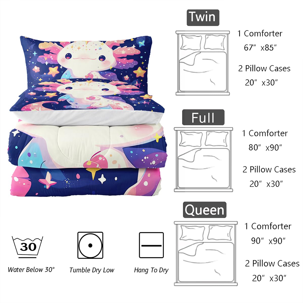 Nttopship Cartoon Axolotl Comforter Bedding Set with 2 Pillowcase Twin Size Pink Salamander Comforter Set for Kids Boys Girls Bedroom Decor