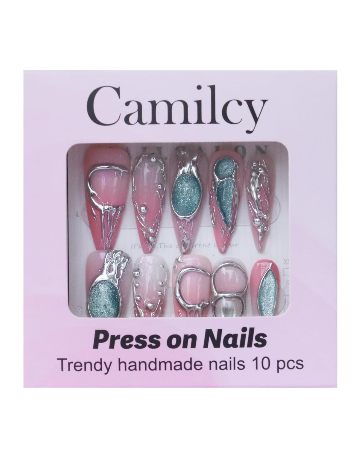 CAMILCY Luxury Handmade Press On Nails Pink Gradient Green Glitter Metallic 3D Design Long Stiletto Fake Nails Salon Quality Reusable Acrylic Nails for Women (B06, M)